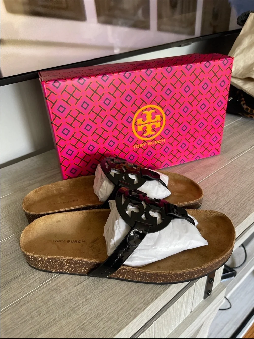 Tory Burch Black Logo Cork Slide Sandals with Patent Trim